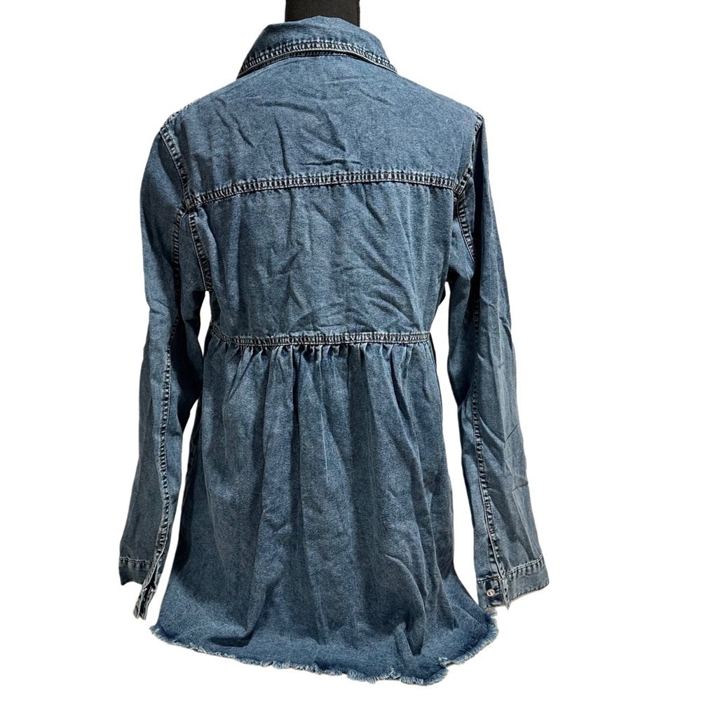 Women’s Denim Coat Elegant Button-Up Lapel Design Raw Hem Long Sleeve Loose Fit - Picture 6 of 16